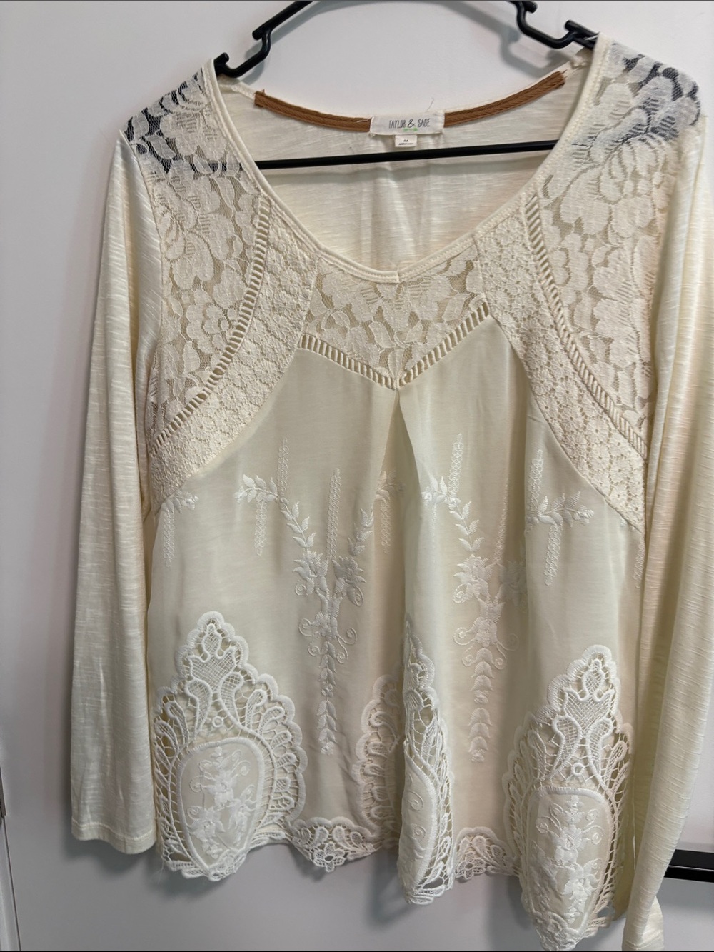 Taylor & Sage Cream Lace Embroidered V-Neck Blouse